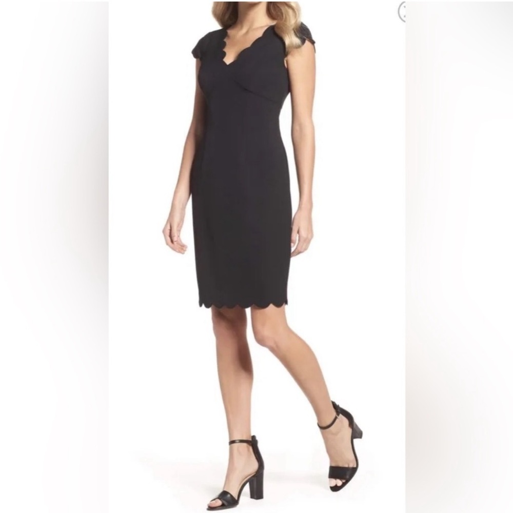 Adrianna Papell Black Scalloped Midi Dress